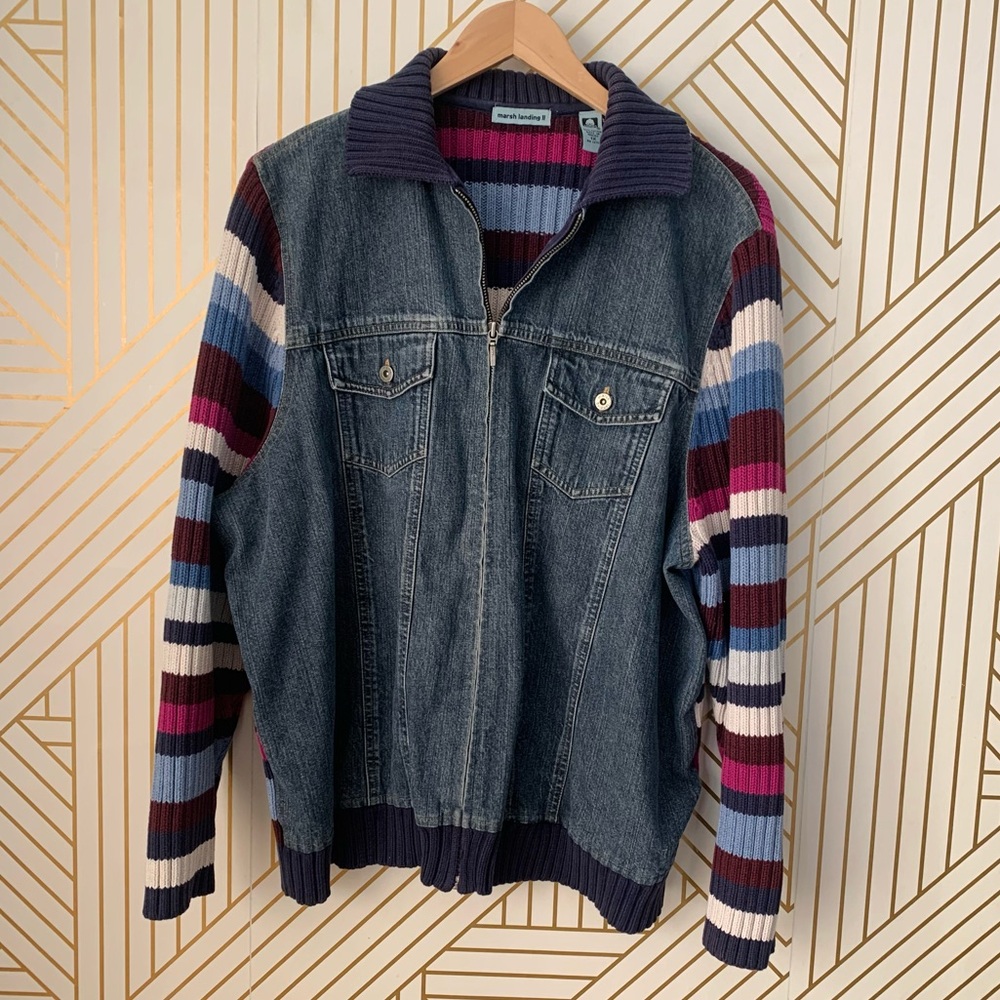 Marsh Landing II Y2K Denim Sweater knit striped Jacket vintage 90s 2000s stripe